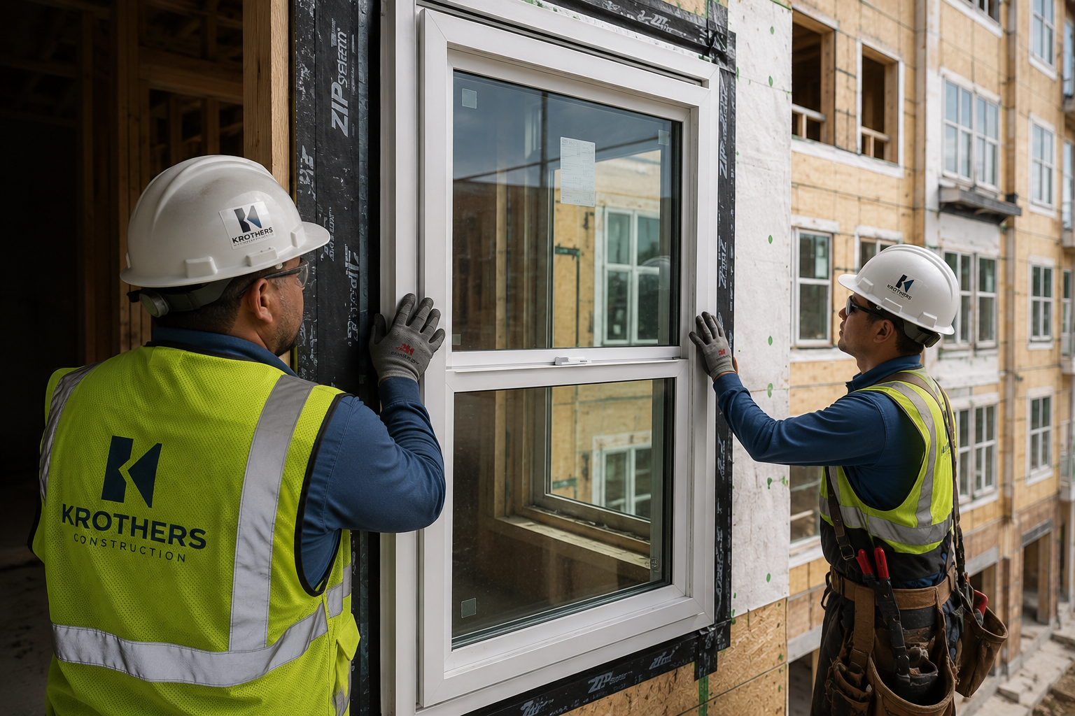 Krothers team members installing a window system on a multifamily construction site